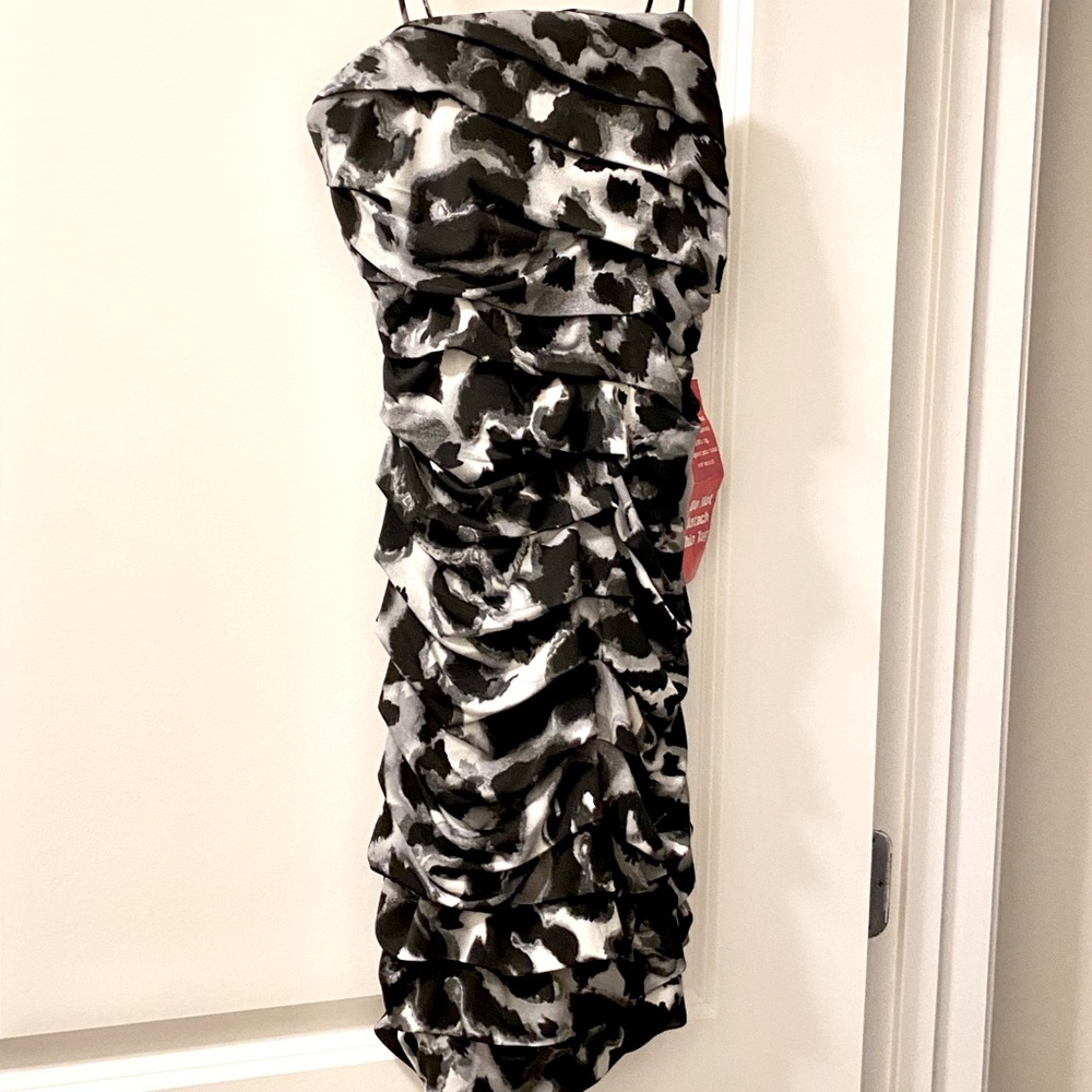 Sweet Storm ruched black gray and white dress.